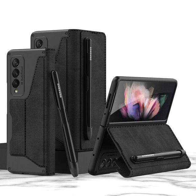 Luxury Folding Pen Slot Leather Case For Samsung Galaxy Z Fold Series
