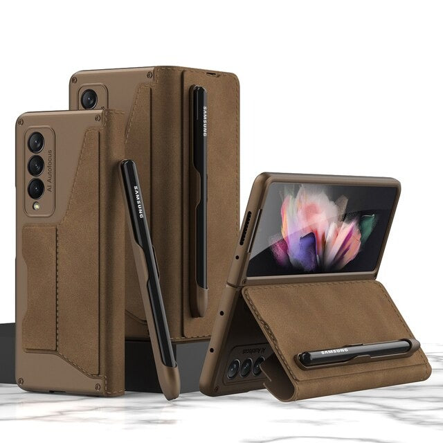 Luxury Folding Pen Slot Leather Case For Samsung Galaxy Z Fold Series