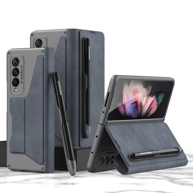 Luxury Folding Pen Slot Leather Case For Samsung Galaxy Z Fold Series