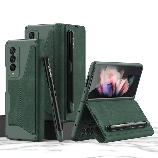 Luxury Folding Pen Slot Leather Case For Samsung Galaxy Z Fold Series