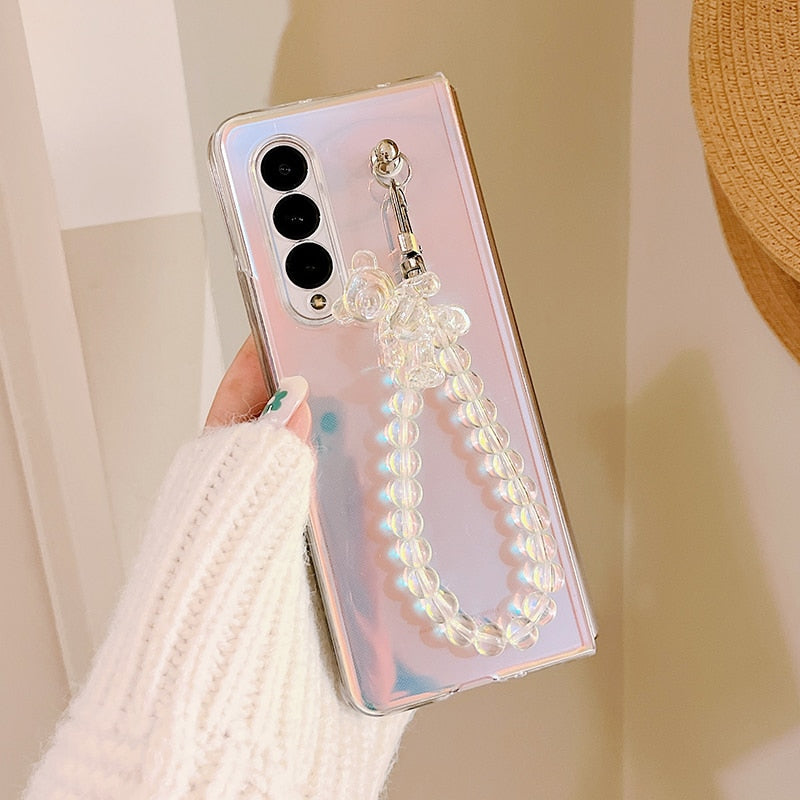 Portable Bead Chain With Cute 3D Crystal Bear Pendant Phone Case For Samsung Galaxy Z Serie