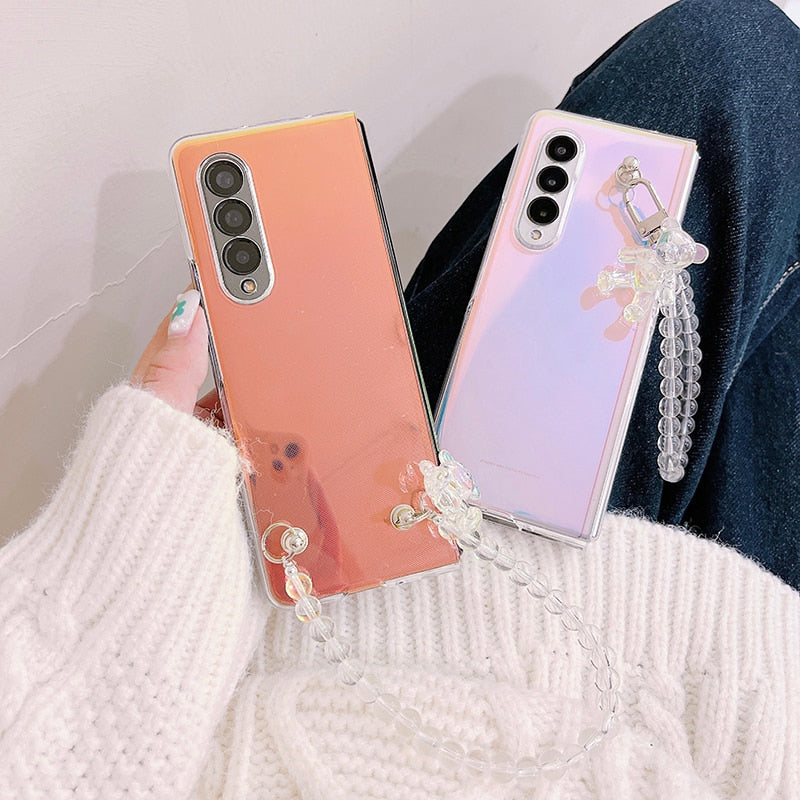 Portable Bead Chain With Cute 3D Crystal Bear Pendant Phone Case For Samsung Galaxy Z Serie