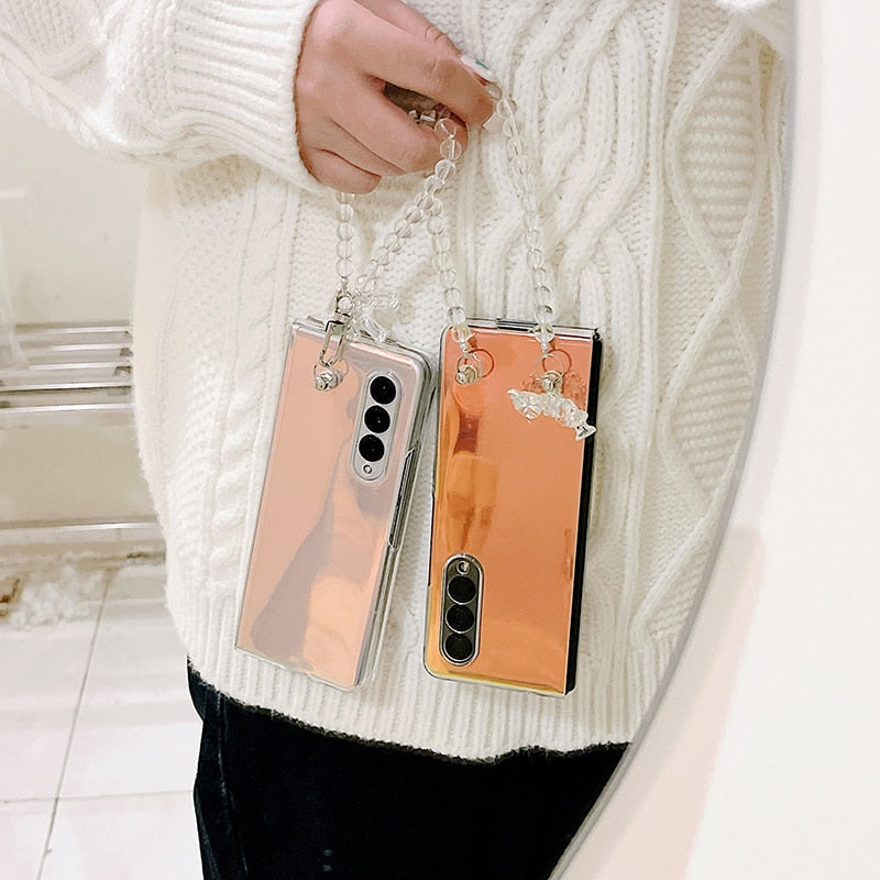 Portable Bead Chain With Cute 3D Crystal Bear Pendant Phone Case For Samsung Galaxy Z Serie