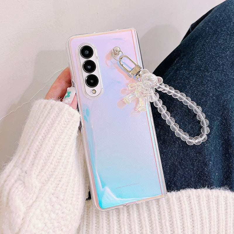 Portable Bead Chain With Cute 3D Crystal Bear Pendant Phone Case For Samsung Galaxy Z Serie
