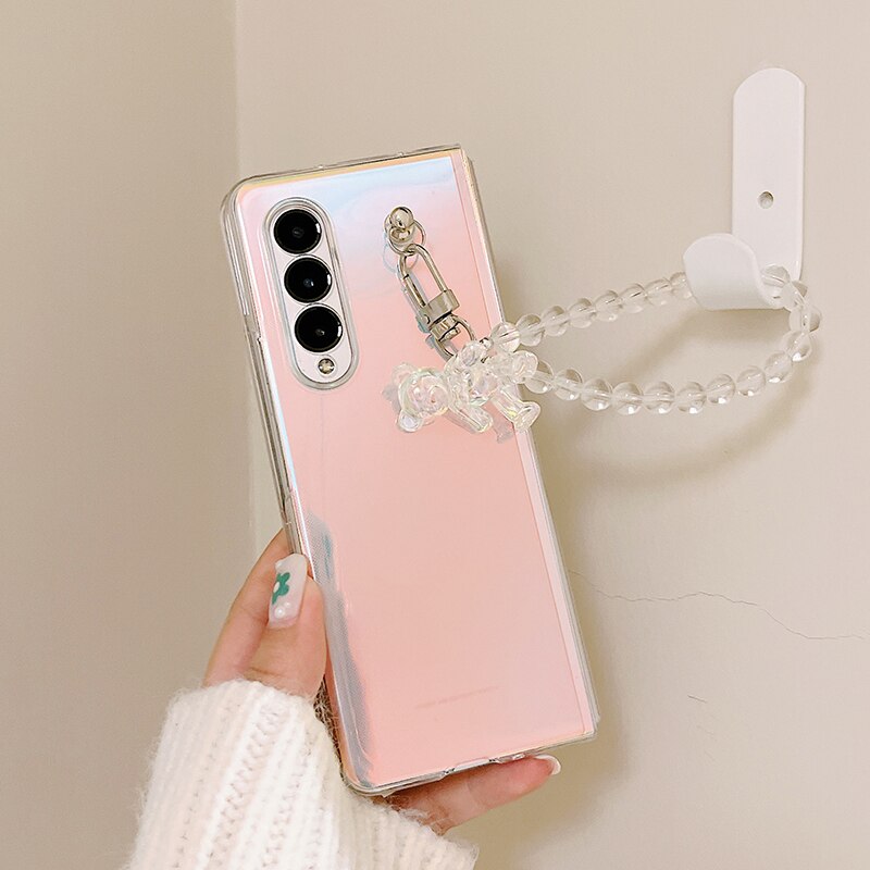 Portable Bead Chain With Cute 3D Crystal Bear Pendant Phone Case For Samsung Galaxy Z Serie