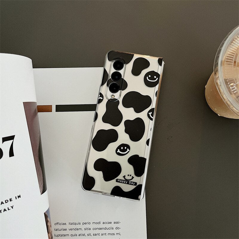 Cartoon Smiling Face Phone Stand Milk Cow Case for Samsung Galaxy Z Fold Series
