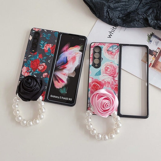 Elegant Leather Rose case with Pearl Bracelet For Samsung Galaxy Z Fold Series
