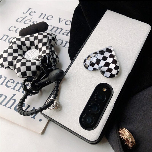 Retro Checkerboard Pattern Crystal Clear Heart PU Leather Phone Case For Samsung Galaxy Z Fold Series