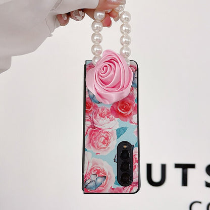 Elegant Leather Rose case with Pearl Bracelet For Samsung Galaxy Z Fold 4