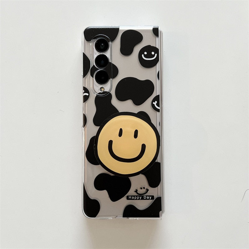 Cartoon Smiling Face Phone Stand Milk Cow Case for Samsung Galaxy Z Fold Series