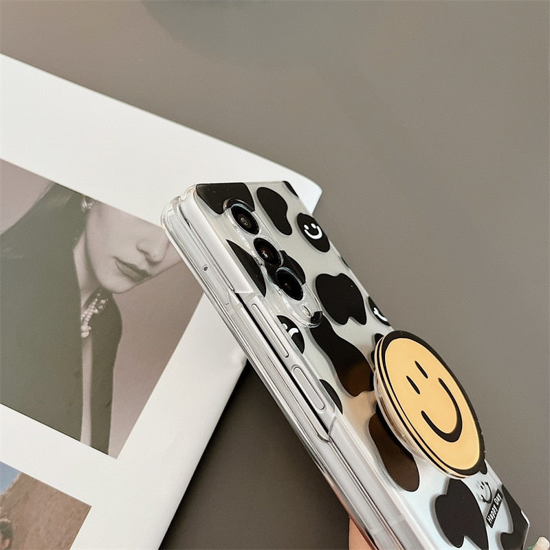 Cartoon Smiling Face Phone Stand Milk Cow Case for Samsung Galaxy Z Fold Series
